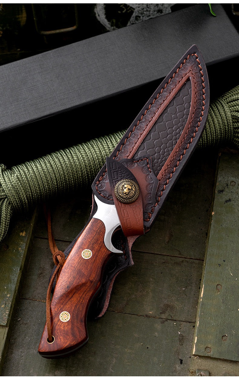 11" Full Tang Damascus Hunting Knife with Leather Sheath - Wood Handle, EDC Fixed Blade for Camping, Survival & Bushcraft