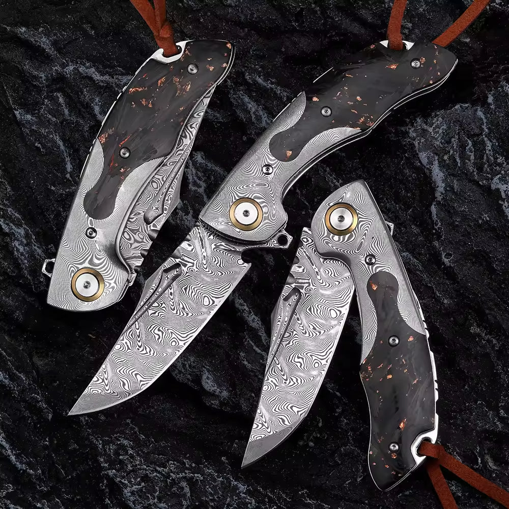 7.8" Damascus Pocket Knife with Damascus & Carbon Fiber Handle | VG 10 Steel Blade