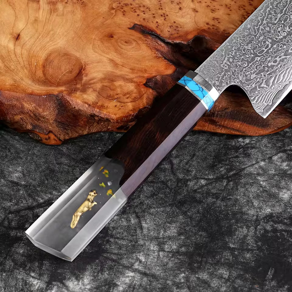 Damascus Japanese Kiritsuke Chef Knife - Resin Stabilized Wood Handle White Hills Knives