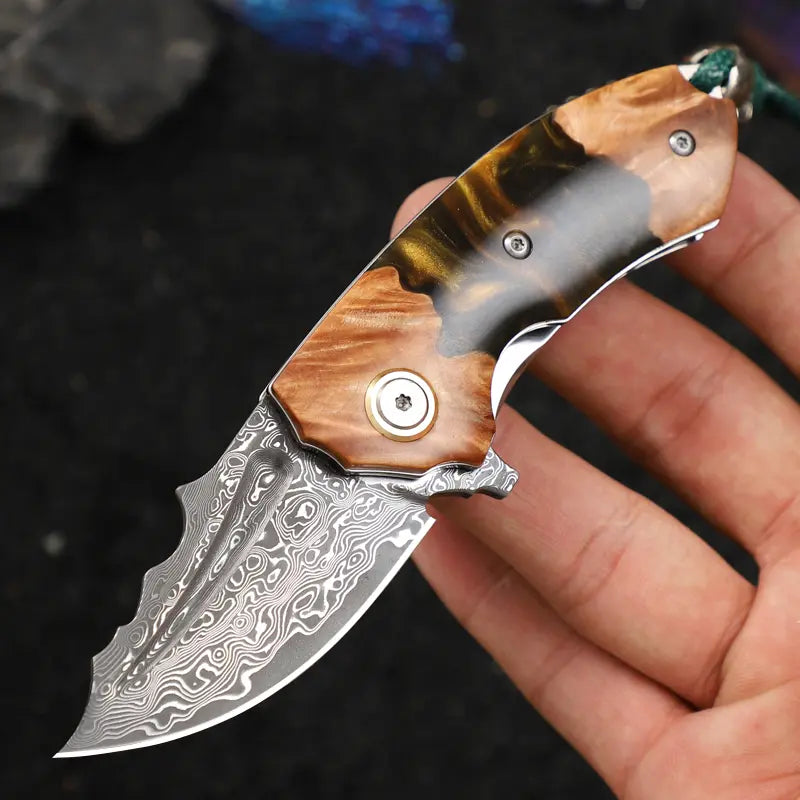 Handmade Japanese Damascus Steel Pocket Knife - EDC Folding Knife With Leather Sheath - Resin and Maple Handle
