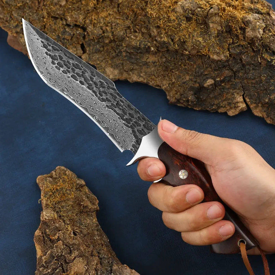 Damascus Hunting Knife - Fixed Blade Wooden Handle Hunting Knife - Damascus Steel Camping knives Comes with a Holster White Hills Knives