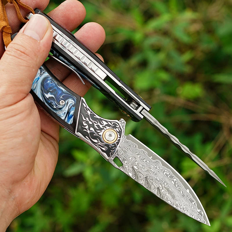 7" Handmade Damascus Pocket Knife with Pocket Clip - Resin & Ebony Wood - Flame Carved Steel Head Bolster White Hills Knives