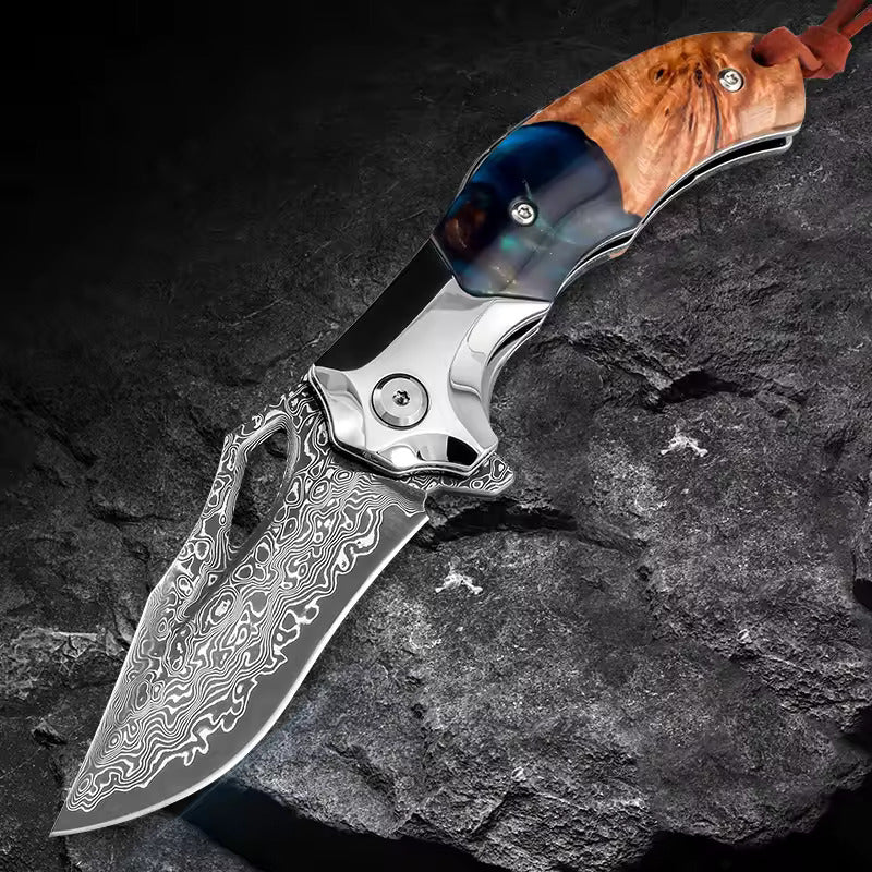 Handmade Damascus Steel Pocket Knife - Folding Knife - Outdoor Camping Hunting Survival Knife EDC