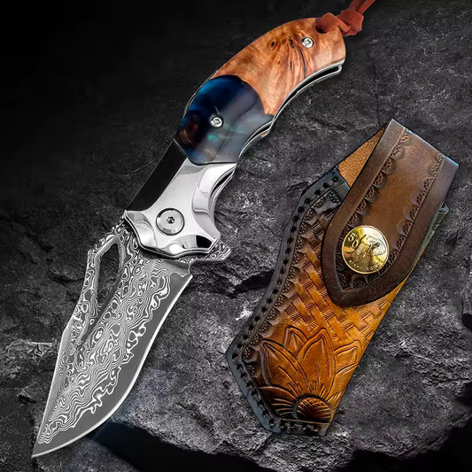 Handmade Damascus Steel Pocket Knife - Folding Knife - Outdoor Camping Hunting Survival Knife EDC