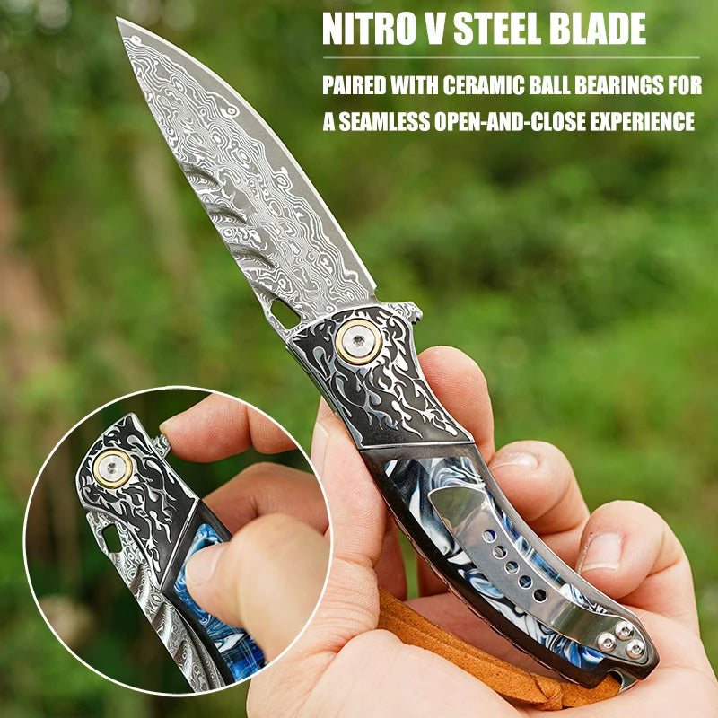 7" Handmade Damascus Pocket Knife with Pocket Clip - Resin & Ebony Wood - Flame Carved Steel Head Bolster White Hills Knives