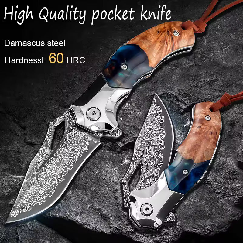 Handmade Damascus Steel Pocket Knife - Folding Knife - Outdoor Camping Hunting Survival Knife EDC