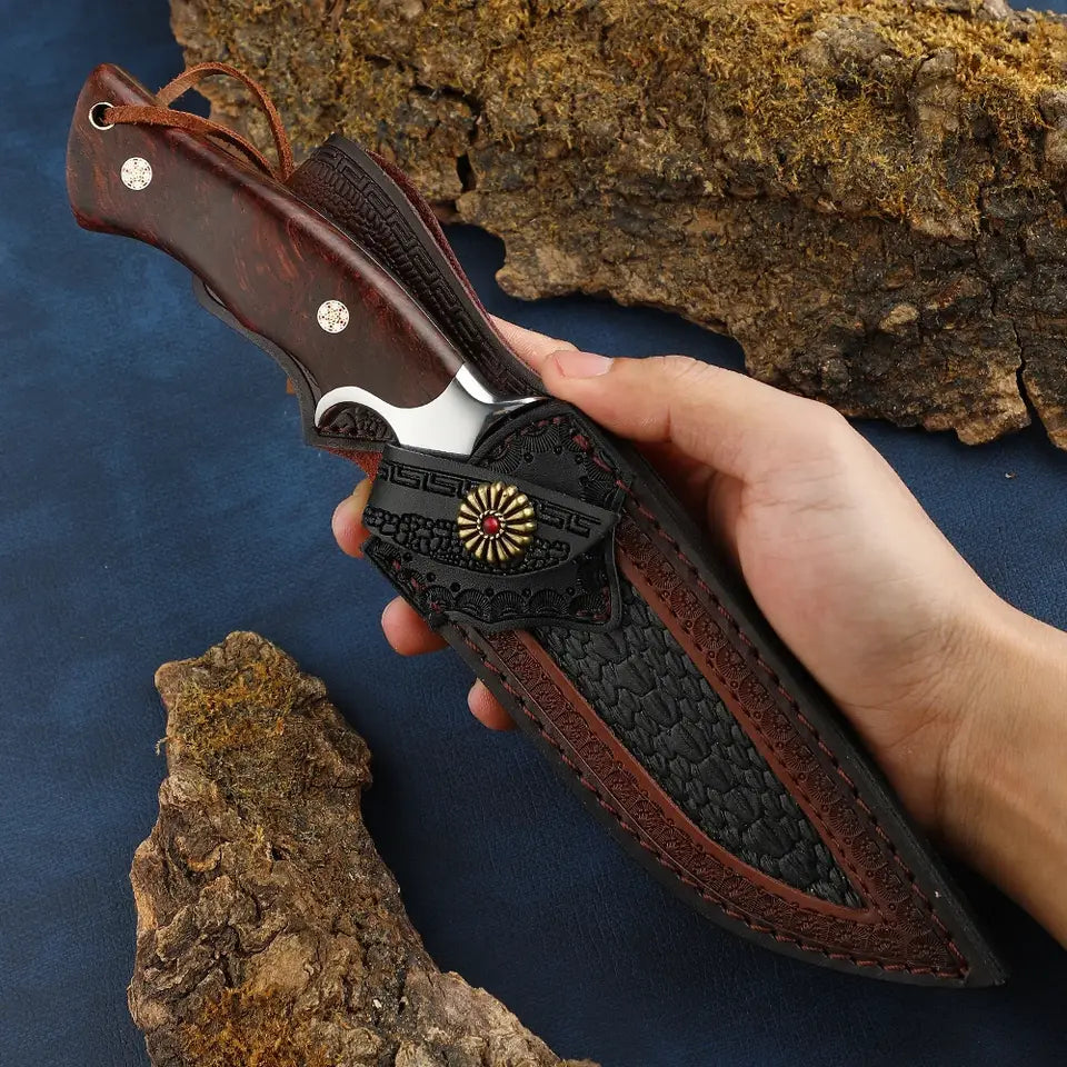 Damascus Hunting Knife - Fixed Blade Wooden Handle Hunting Knife - Damascus Steel Camping knives Comes with a Holster White Hills Knives