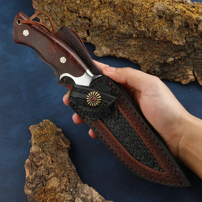 Damascus Hunting Knife - Fixed Blade Wooden Handle Hunting Knife - Damascus Steel Camping knives Comes with a Holster White Hills Knives