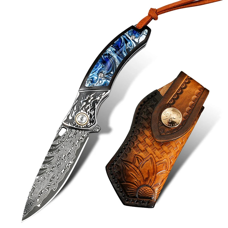 7" Handmade Damascus Pocket Knife with Pocket Clip - Resin & Ebony Wood - Flame Carved Steel Head Bolster White Hills Knives