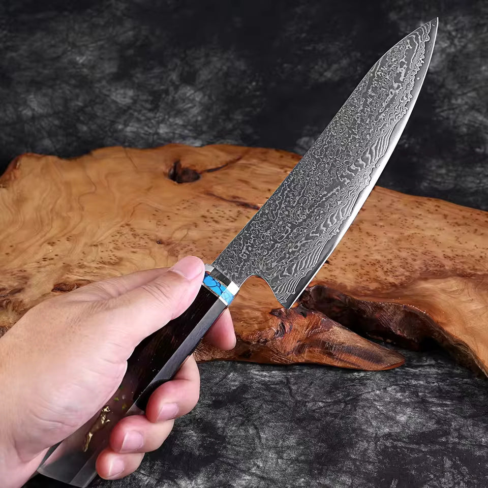 Damascus Japanese Kiritsuke Chef Knife - Resin Stabilized Wood Handle White Hills Knives