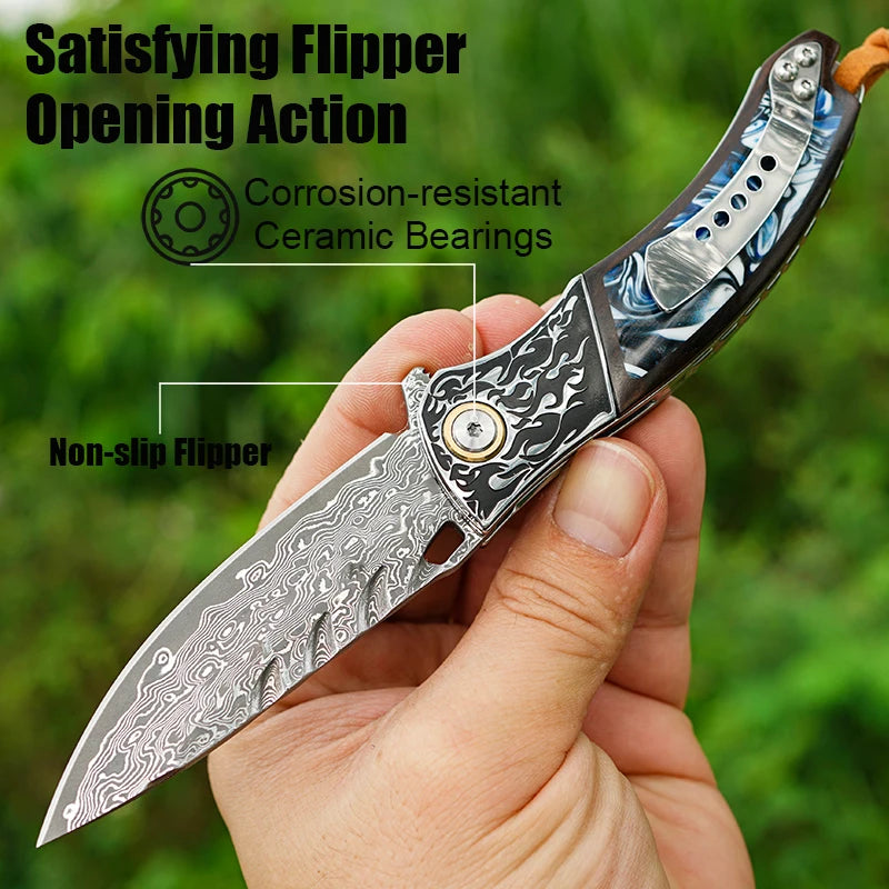 7" Handmade Damascus Pocket Knife with Pocket Clip - Resin & Ebony Wood - Flame Carved Steel Head Bolster White Hills Knives