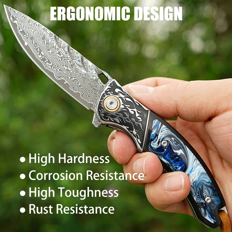 7" Handmade Damascus Pocket Knife with Pocket Clip - Resin & Ebony Wood - Flame Carved Steel Head Bolster White Hills Knives
