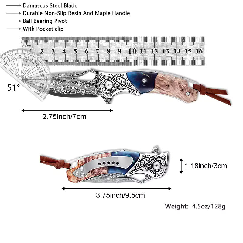 Hand Forged Damascus Steel Hunting Pocket Knife-Camping Folding Blade With Pocket Clip White Hills Knives