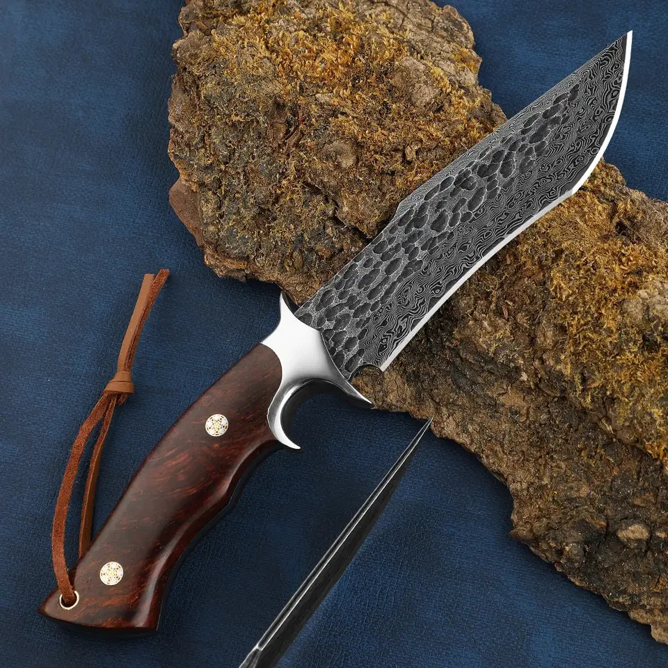 Damascus Hunting Knife - Fixed Blade Wooden Handle Hunting Knife - Damascus Steel Camping knives Comes with a Holster White Hills Knives