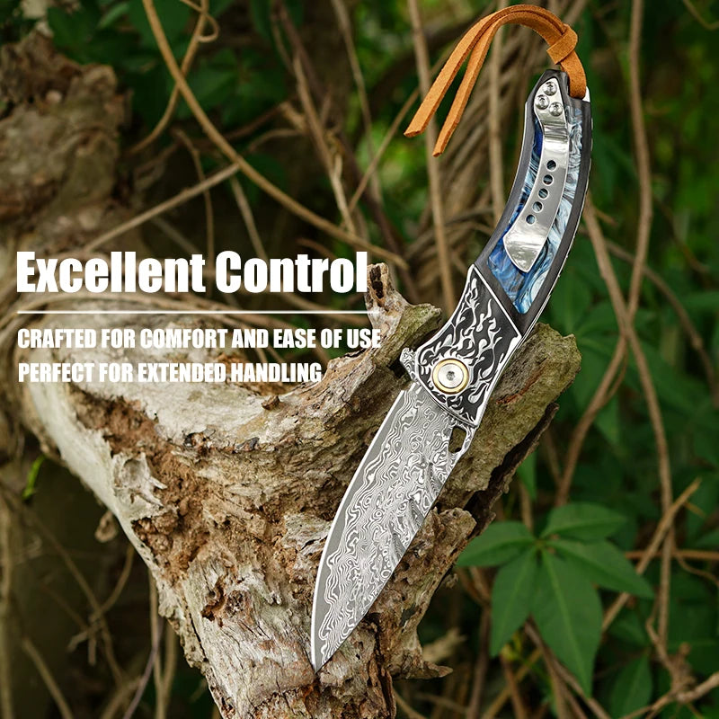 7" Handmade Damascus Pocket Knife with Pocket Clip - Resin & Ebony Wood - Flame Carved Steel Head Bolster White Hills Knives