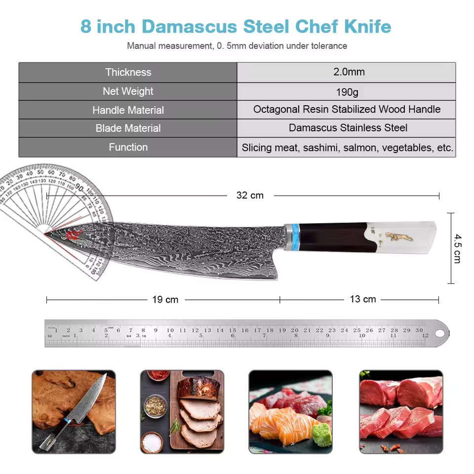 Damascus Japanese Kiritsuke Chef Knife - Resin Stabilized Wood Handle White Hills Knives