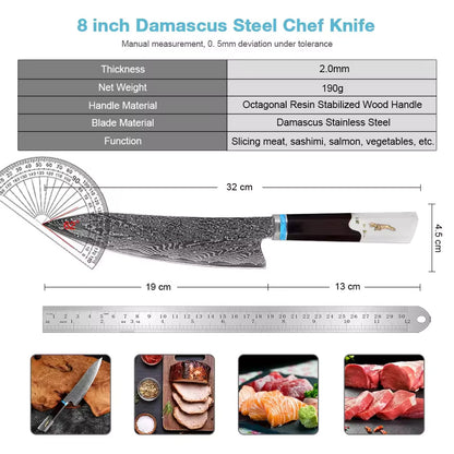 Damascus Japanese Kiritsuke Chef Knife - Resin Stabilized Wood Handle White Hills Knives