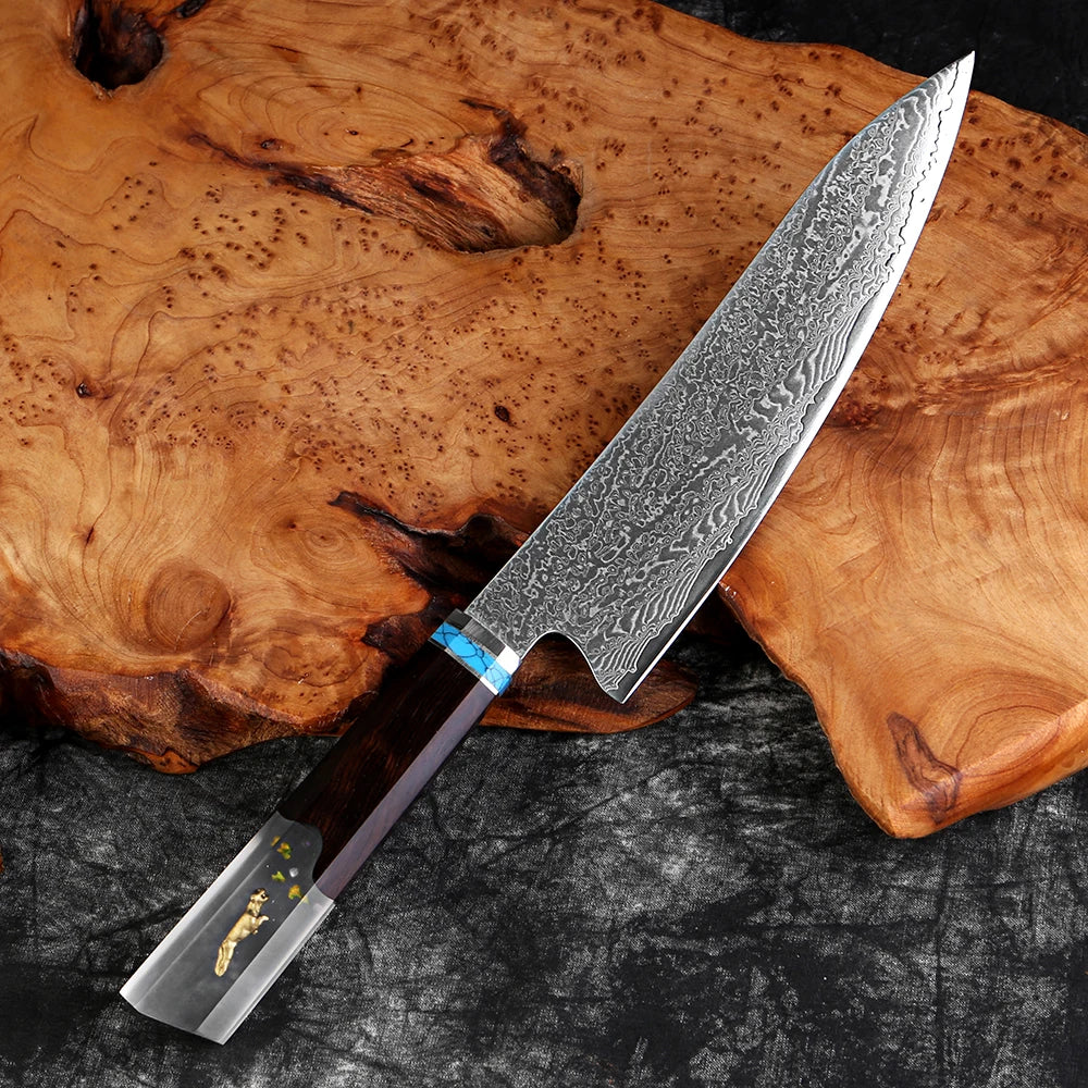 Damascus Japanese Kiritsuke Chef Knife - Resin Stabilized Wood Handle White Hills Knives
