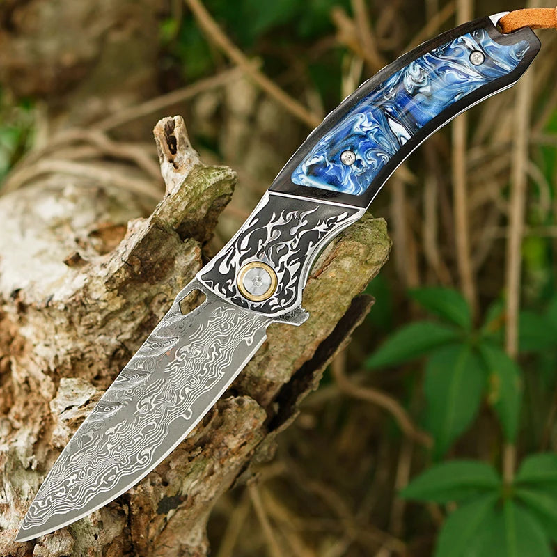 7" Handmade Damascus Pocket Knife with Pocket Clip - Resin & Ebony Wood - Flame Carved Steel Head Bolster White Hills Knives