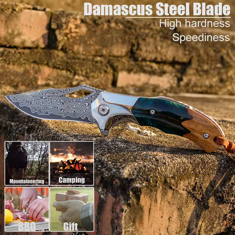 Handmade Damascus Steel Pocket Knife - Folding Knife - Outdoor Camping Hunting Survival Knife EDC