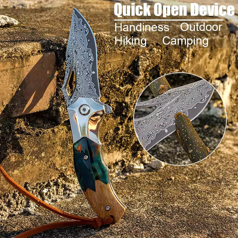 Handmade Damascus Steel Pocket Knife - Folding Knife - Outdoor Camping Hunting Survival Knife EDC