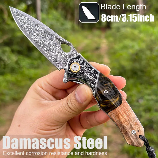 Handmade Damascus Steel Pocket Knife - Folding Knife - Outdoor Camping Hunting Survival Knife EDC - VG10 Damascus Steel White Hills Knives