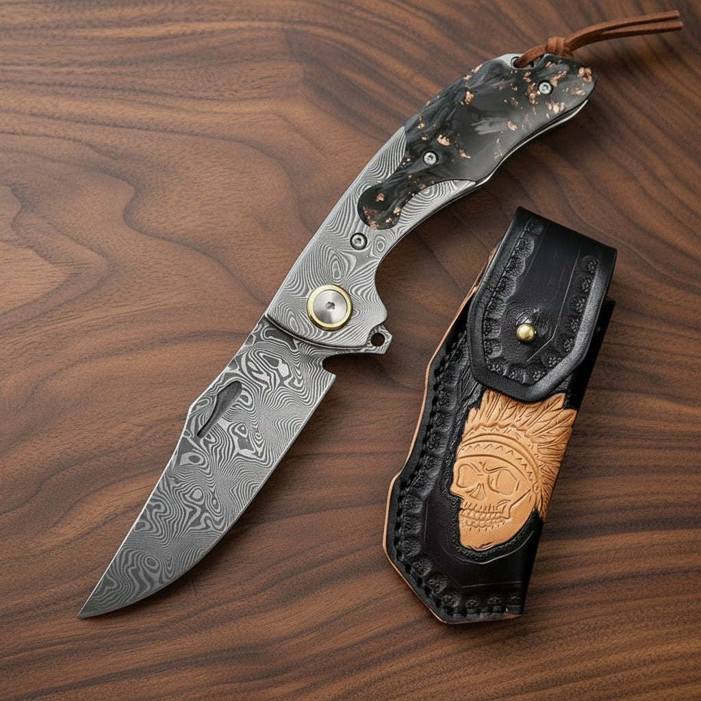 7.8" Damascus Pocket Knife with Damascus & Carbon Fiber Handle | VG 10 Steel Blade