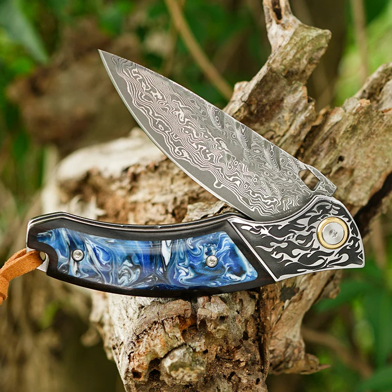 7" Handmade Damascus Pocket Knife with Pocket Clip - Resin & Ebony Wood - Flame Carved Steel Head Bolster White Hills Knives