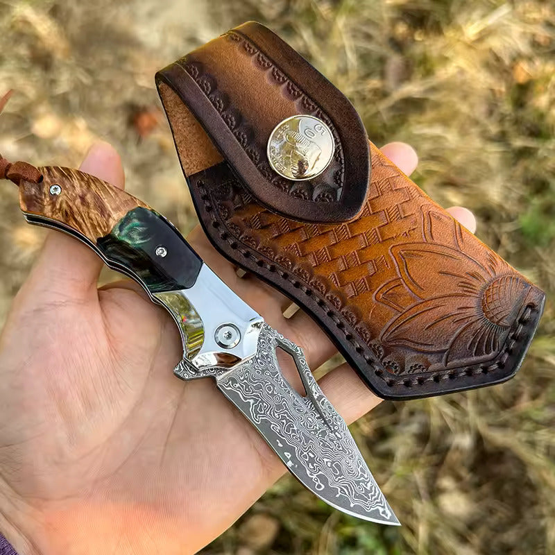 Handmade Damascus Steel Pocket Knife - Folding Knife - Outdoor Camping Hunting Survival Knife EDC
