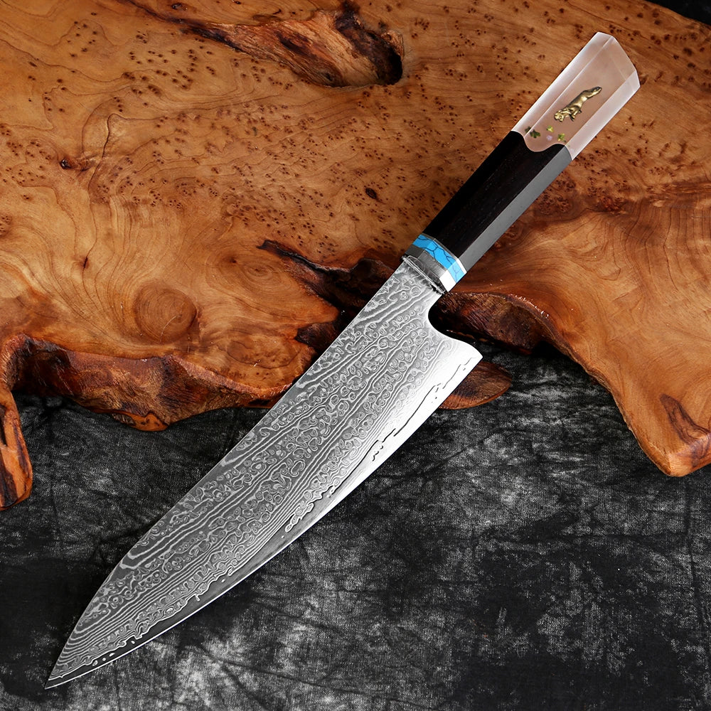 Damascus Japanese Kiritsuke Chef Knife - Resin Stabilized Wood Handle White Hills Knives