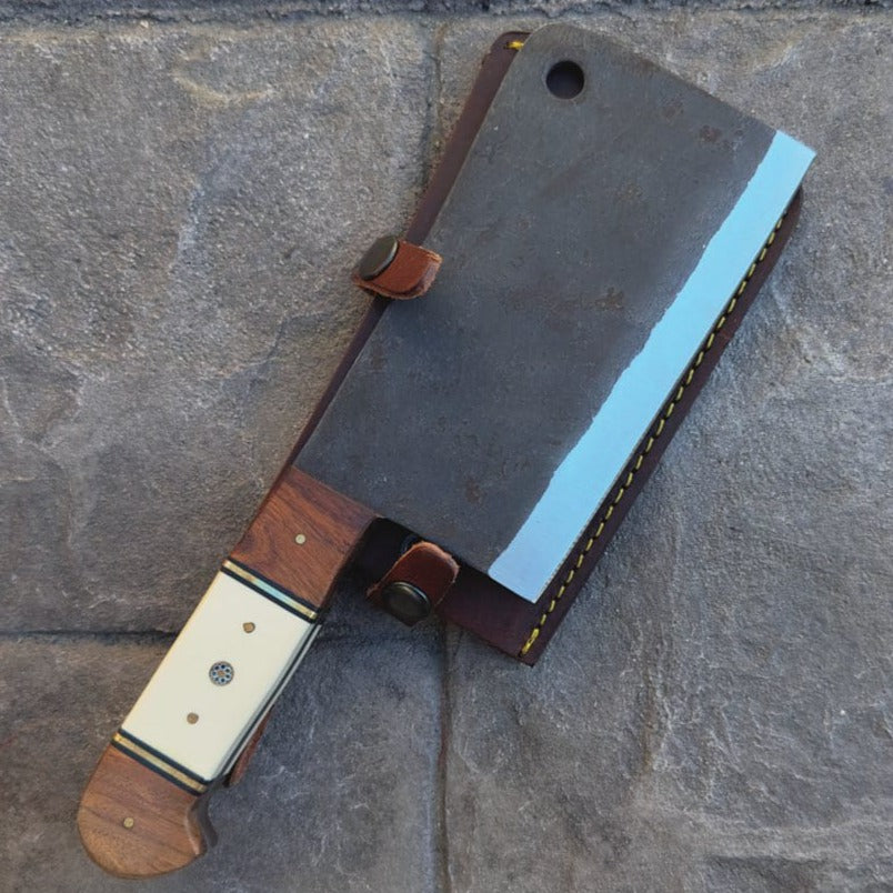 10 Chef Cleaver Knife With Bone & Wood Handle Carbon Steel Meat Chopper