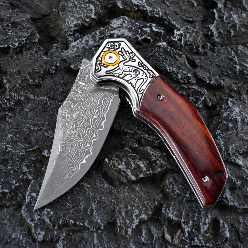 The Crimson Raven Damascus Steel Pocket Knife – Folding EDC Knife with Wood Handle, Engraved Bolster & Pocket Clip