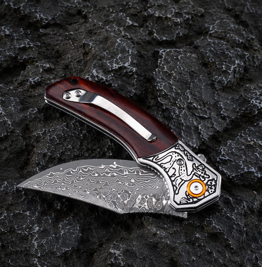 The Crimson Raven Damascus Steel Pocket Knife – Folding EDC Knife with Wood Handle, Engraved Bolster & Pocket Clip