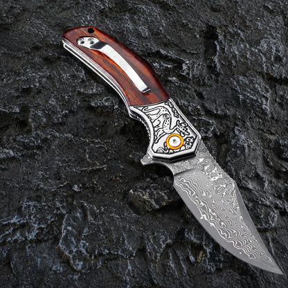 The Crimson Raven Damascus Steel Pocket Knife – Folding EDC Knife with Wood Handle, Engraved Bolster & Pocket Clip