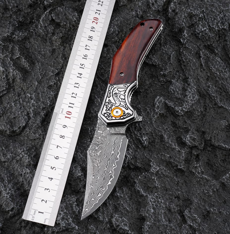 The Crimson Raven Damascus Steel Pocket Knife – Folding EDC Knife with Wood Handle, Engraved Bolster & Pocket Clip
