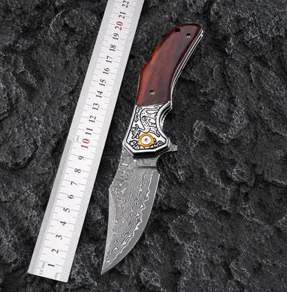 The Crimson Raven Damascus Steel Pocket Knife – Folding EDC Knife with Wood Handle, Engraved Bolster & Pocket Clip