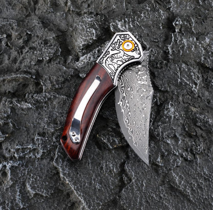 The Crimson Raven Damascus Steel Pocket Knife – Folding EDC Knife with Wood Handle, Engraved Bolster & Pocket Clip