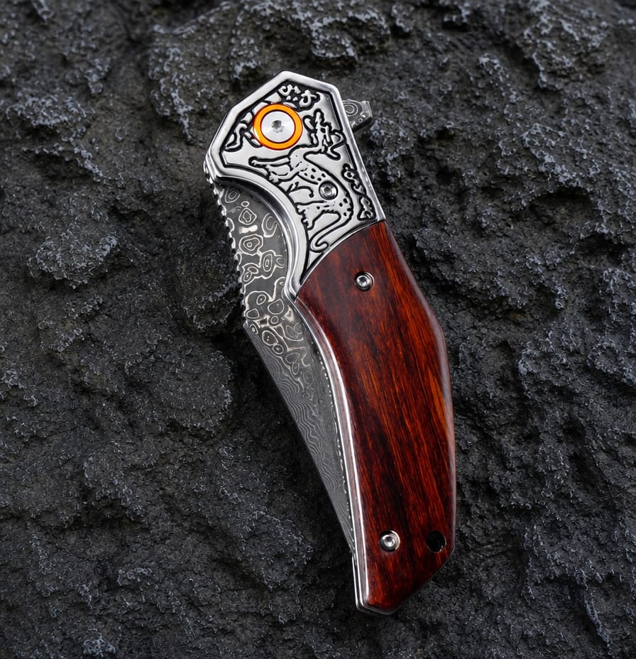 The Crimson Raven Damascus Steel Pocket Knife – Folding EDC Knife with Wood Handle, Engraved Bolster & Pocket Clip