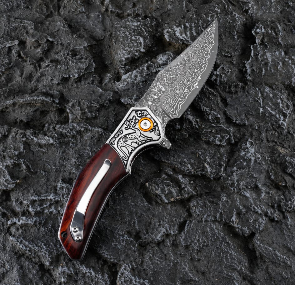 The Crimson Raven Damascus Steel Pocket Knife – Folding EDC Knife with Wood Handle, Engraved Bolster & Pocket Clip