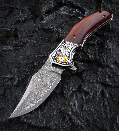 The Crimson Raven Damascus Steel Pocket Knife – Folding EDC Knife with Wood Handle, Engraved Bolster & Pocket Clip