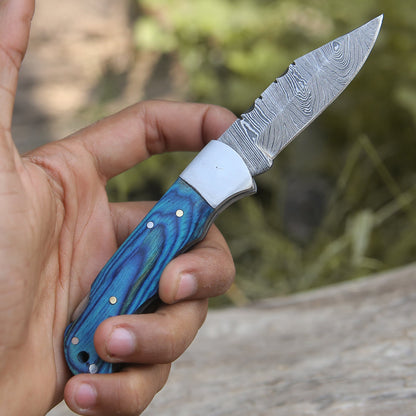 Custom Hand Forged Damascus Folding Knife With Steel Bolster & Stained Wood Handle Wh 141