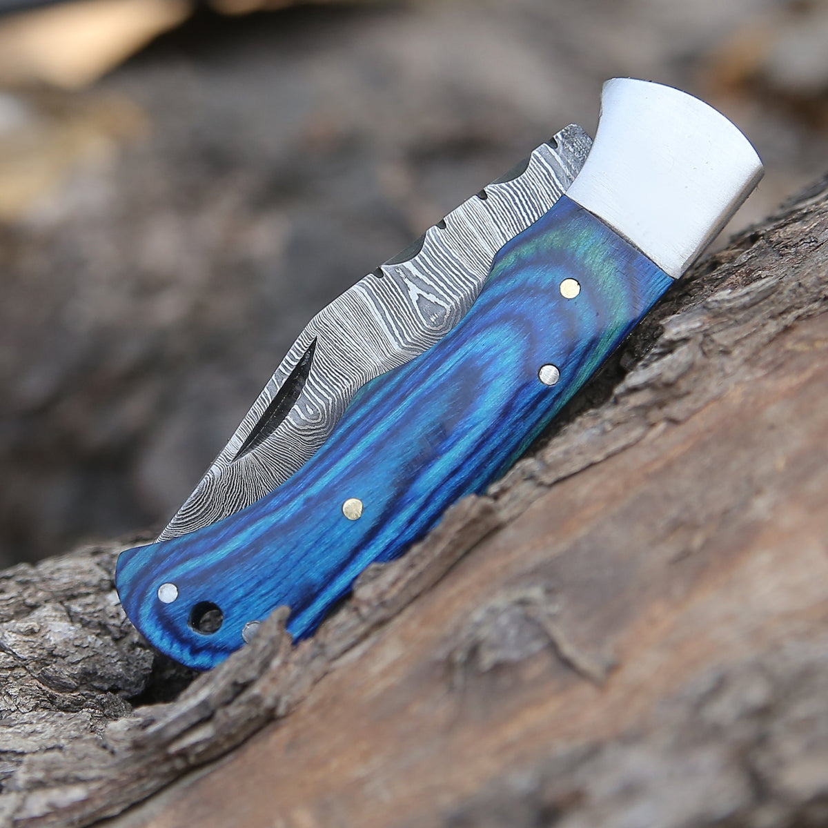 Custom Hand Forged Damascus Folding Knife With Steel Bolster & Stained Wood Handle Wh 141