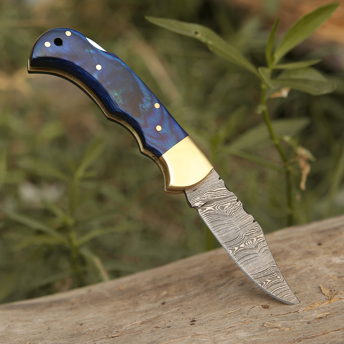 Custom Hand Forged Damascus Steel Folding Knife Stained Wood Handle Wh 1255 Blue