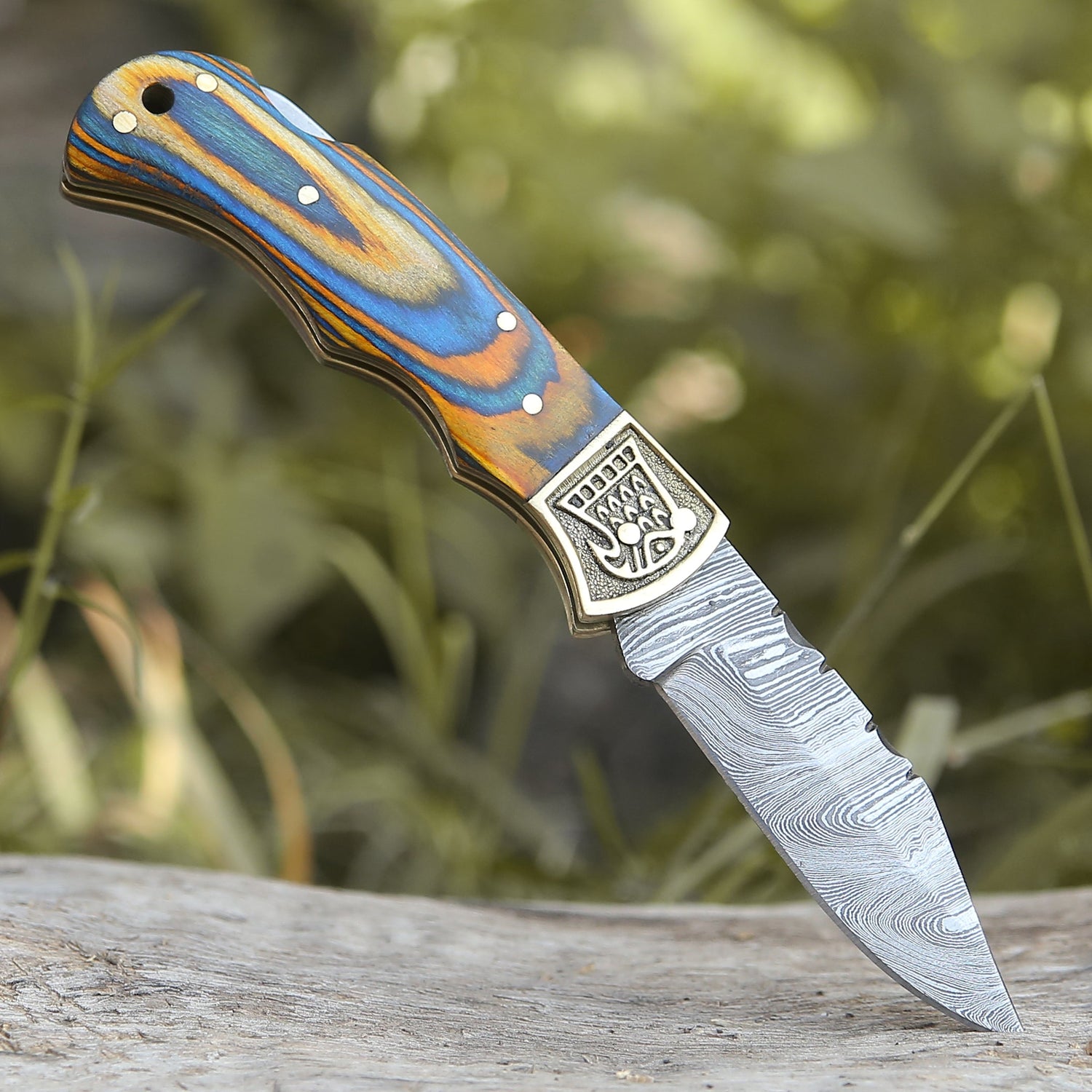 Customs Hand Made Damascus Steel Hunting Folding Knife Brass Bolster With Colored Wood Handle Wh