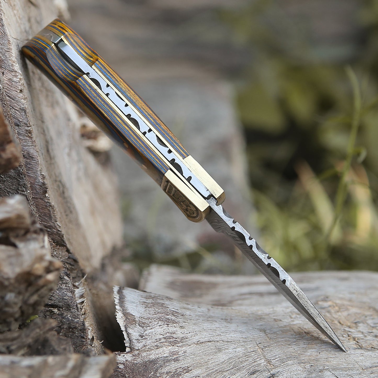 Custom Hand Forged Damascus Folding Knife Stain Wood Handle With Engraved Bolster Wh 1558