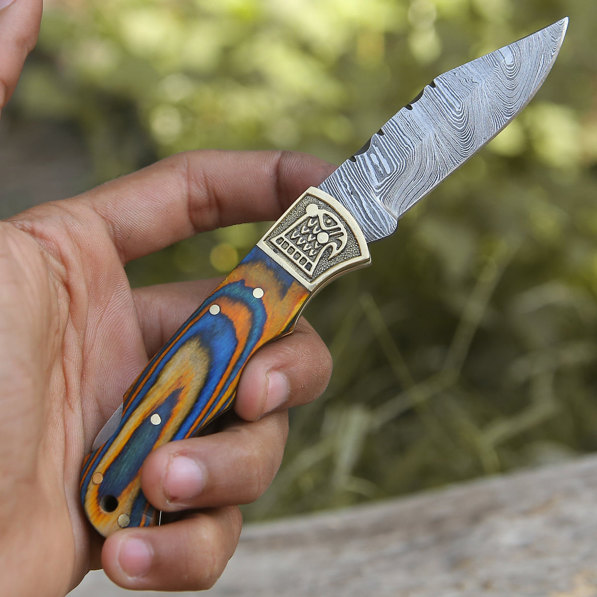 Customs Hand Made Damascus Steel Hunting Folding Knife Brass Bolster With Colored Wood Handle Wh