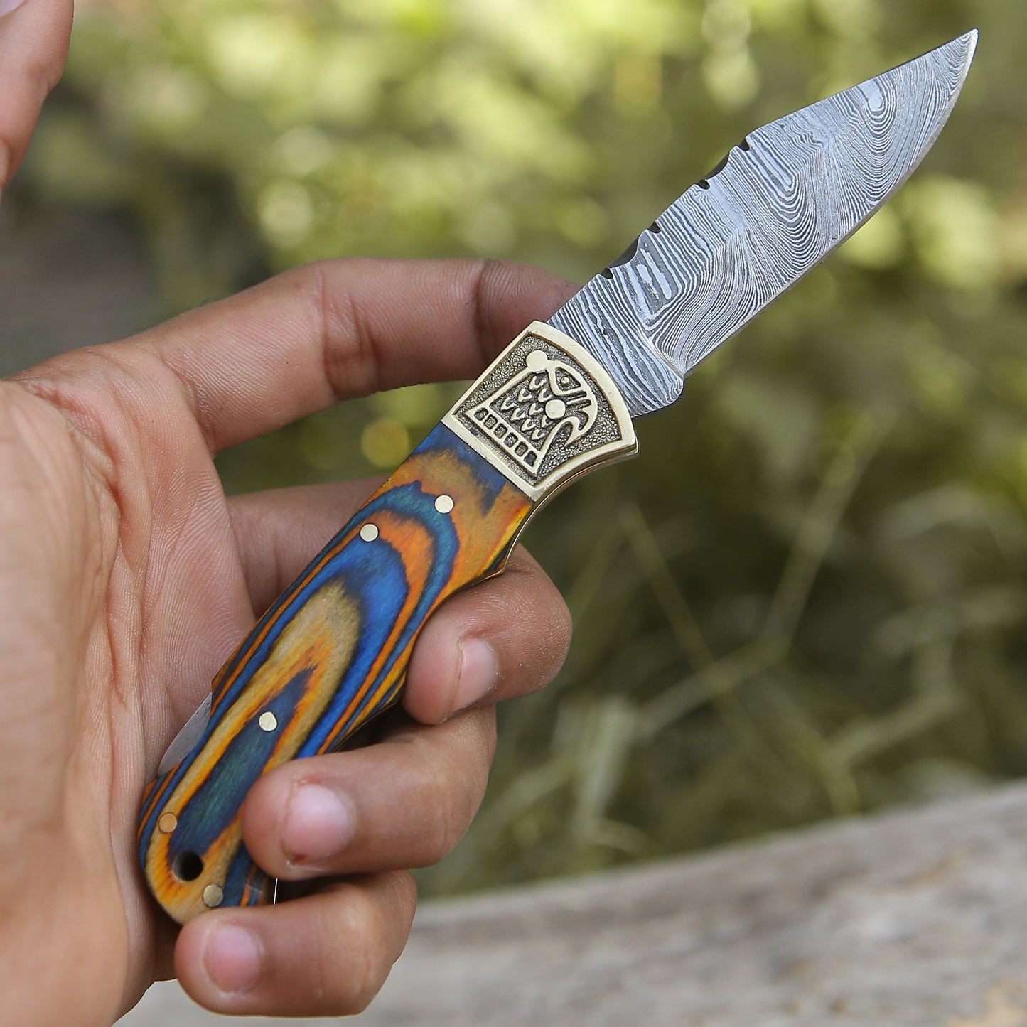 Customs Hand Made Damascus Steel Hunting Folding Knife Brass Bolster With Colored Wood Handle Wh