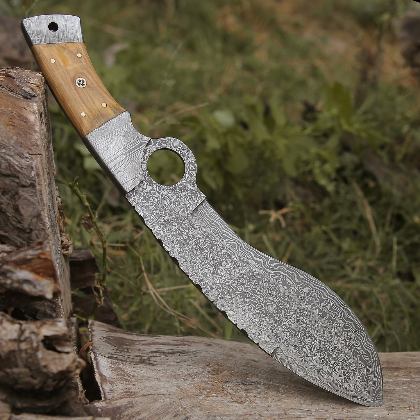 Custom Hand Made Forged Damascus Steel Hunting Kukri Knife Bolster Olive Wood Handle Wh 2254 Kukri