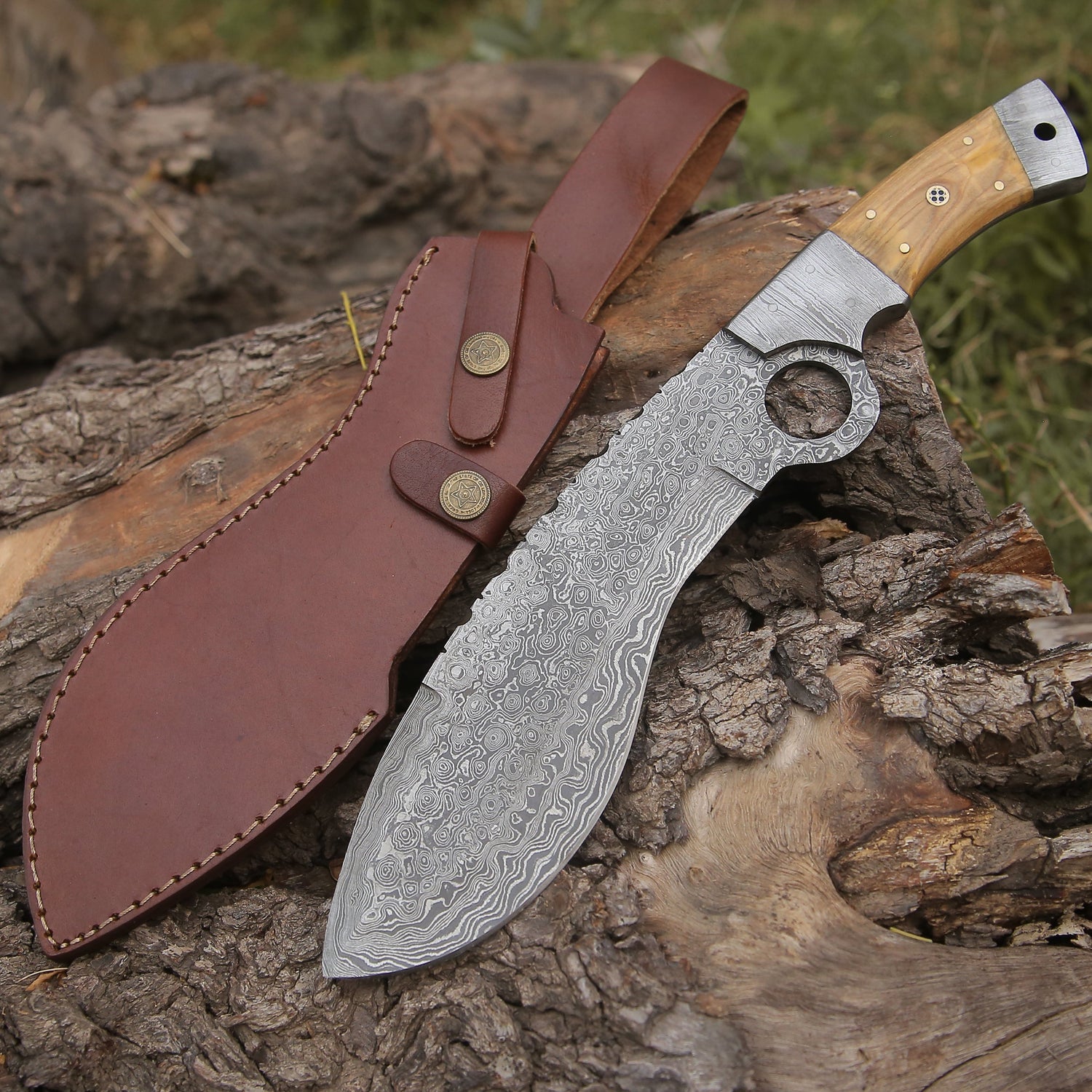 Custom Hand Made Forged Damascus Steel Hunting Kukri Knife Bolster Olive Wood Handle Wh 2254 Kukri