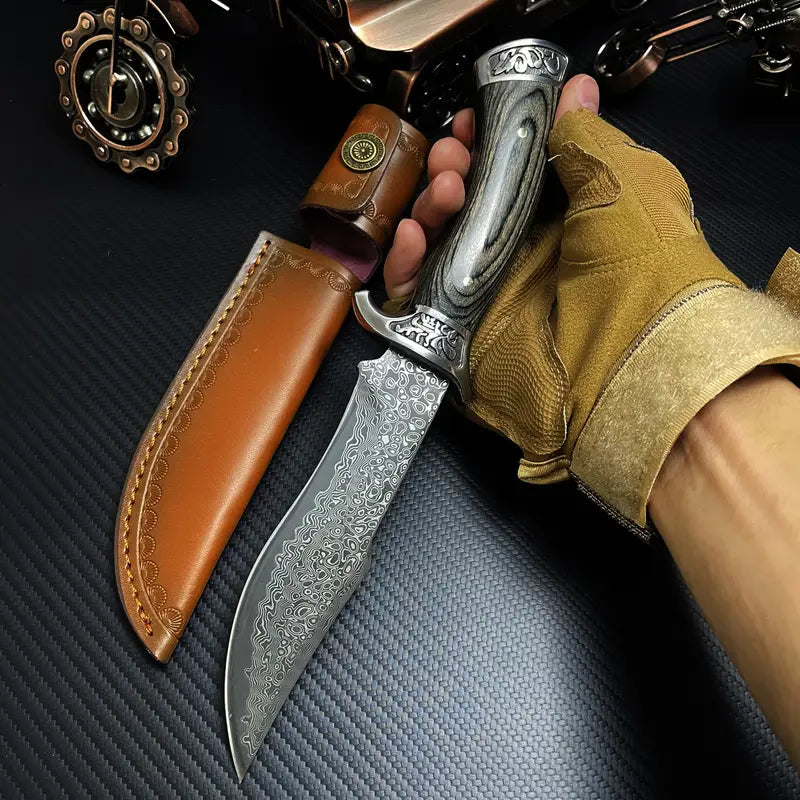 Handmade Forged Damascus Steel EDC Knife - Fixed Blade, Full Tang, Compact Everyday Carry Knife with Sheath White Hills Knives
